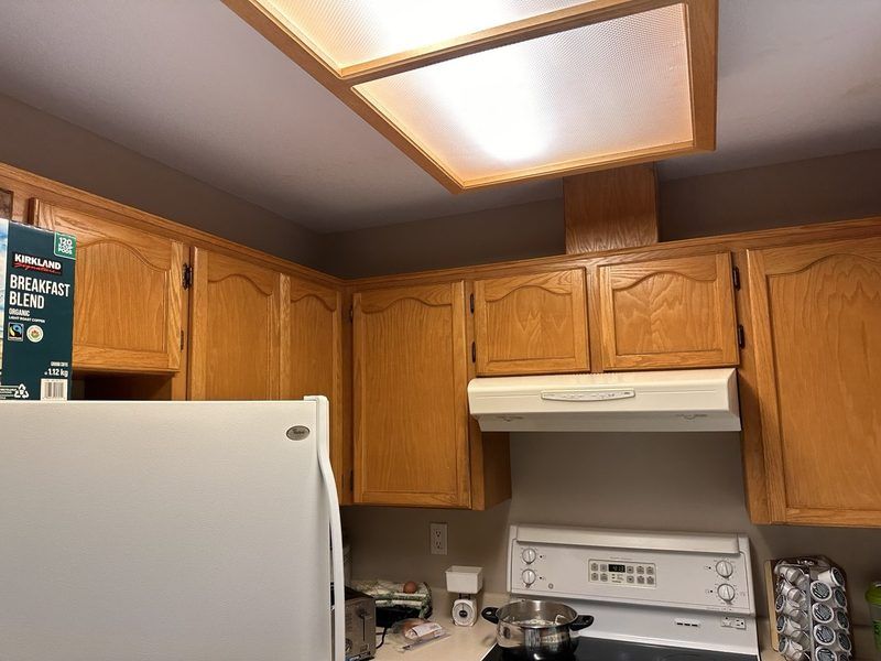 Kitchen cabinets before painting — old oak finish