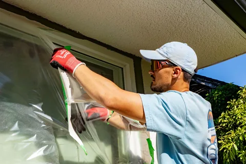 Plastic film and green tape going on at the edge of a window frame
